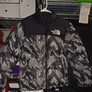 The North Face Black and Gray Camo Jacket And Matching Nike Face Mask Included